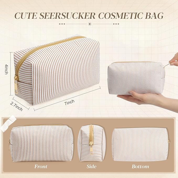 Sanwuta 12 Pcs Seersucker Cosmetic Bags Bulk Seersucker Makeup Bags Stripe Women Pouch Large Preppy Storage Pouch Toiletry Travel for Wedding Bridesmaid Bride Favor Back to Teacher Gift (Khaki)