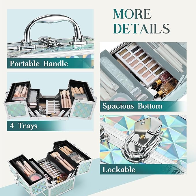 FRENESSA RENESSA Makeup Train Case Portable Makeup Case Organizer Cosmetic Box Make Up Box Makeup Organizer Cosmetic Storage Cases with Locking Nail Kit Organizer Travel Case Shiny Blue