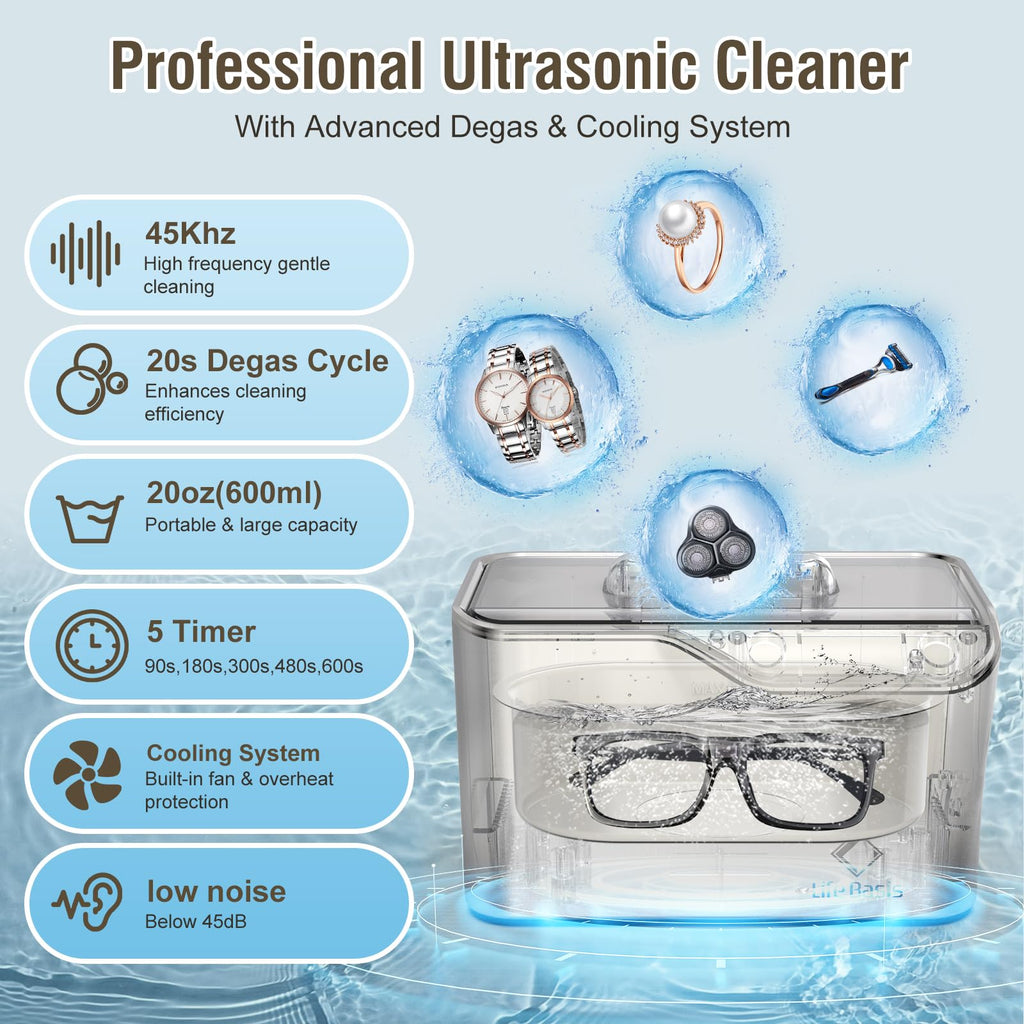 LifeBasis Ultrasonic Cleaner, Professional 45kHz Ultrasonic Jewelry Cleaner 20 Ounces (600ML) with Digital Timer, Watch Holder Ultrasonic Glasses Cleaner for Rings, Coins, Watches, Dentures, Silver