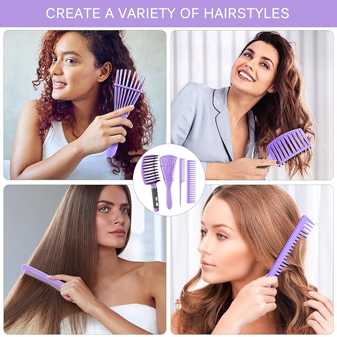 4pcs Curly Detangling Brush Set for Adult & Kids Wet or Dry, 3/4ABC Hair with Wide Tooth Comb (4, Purple)