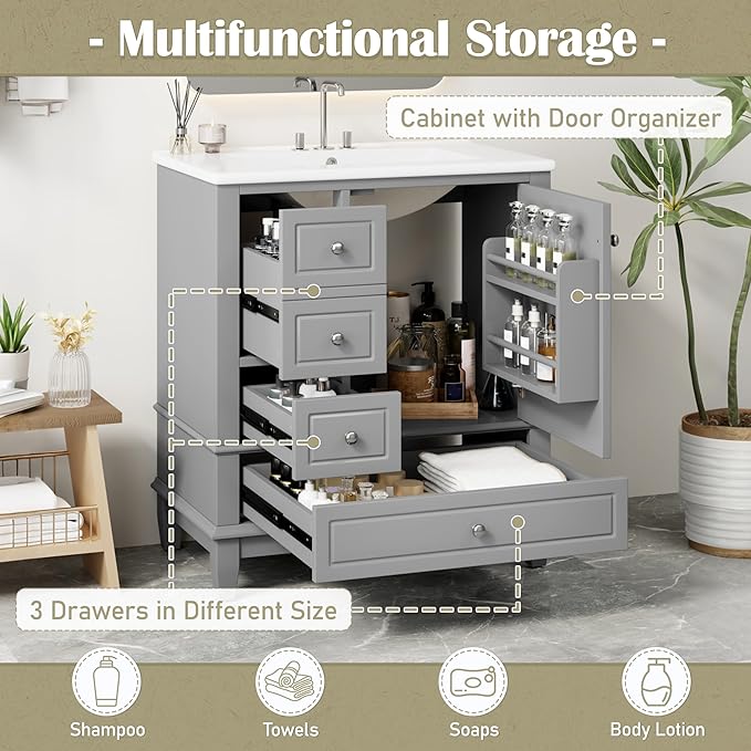 Harper & Bright Designs 30" Bathroom Vanity with Sink, Free Standing Single Vanity Set with 3 Drawers and One Door with Storage Racks, Solid Wood Storage Cabinet with Ceramic Basin for Bathroom, Grey