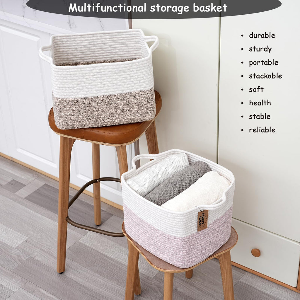 COMFY-HOMI Cotton Rope Woven Basket with Handles for Shelves,Toys,Book, Cloth Storage Baskets Bin for Organizing- 1 PCSToy Decorative Organizer for Living Room, Bathroom