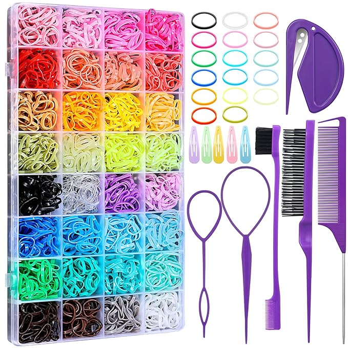 Auroray 32 Colors Small Hair Rubber Bands with 16 Styling Tools, 2000 Pcs Elastic Girl Baby Hair Ties, Mini Bands with Elastic Cutter, Hair Accessories Xmas Stuff for Girls Baby Toddlers Kids