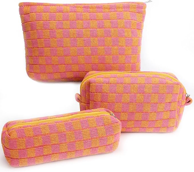 Gocvo 3 Pcs Makeup Bag Checkered Cosmetic Bag Large Capacity Traveling Toiletry Pounch Organizer Cute Makeup Brushes Aesthetic Accessories Storage Bag for Girls Women(Orange-Purple)