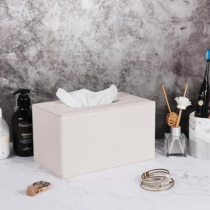Sumnacon Tissue Box Cover Rectangular Tissue Box Holder Linen Tissue Box with Magnetic Bottom Decorative Beige Tissue Box for Bathroom Toilet Living Room Table Desk Office Car, Large