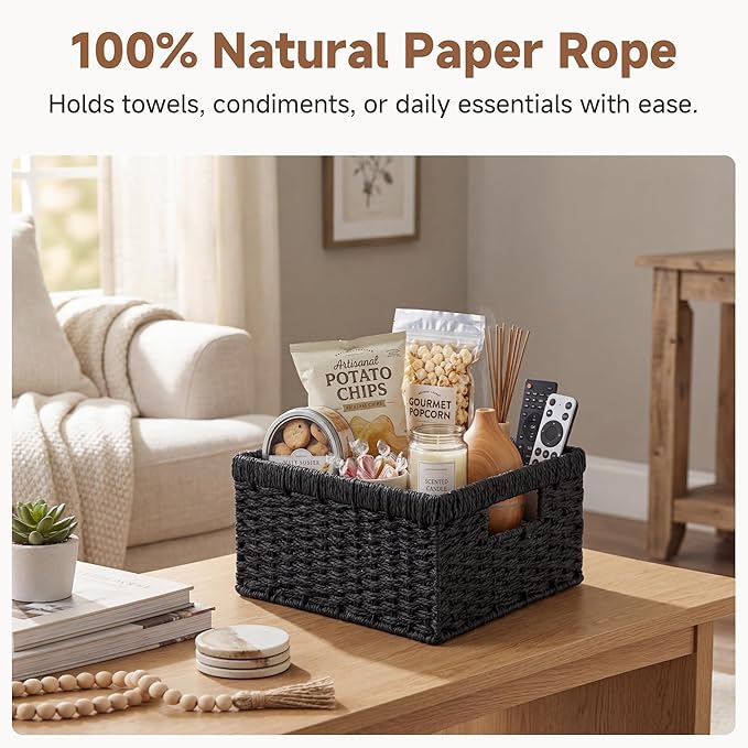 StorageWorks Wicker Basket with Handle, Wicker Storage Baskets for Organizing, Decorative Storage Baskets for Shelves, Paper Rope, Black, 2-Pack