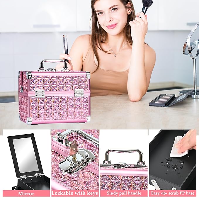 GALHUBIS Makeup Case Organizer,Makeup Train Case, Trays Cosmetic Box Portable, Profesional for Salon Barber,Pink