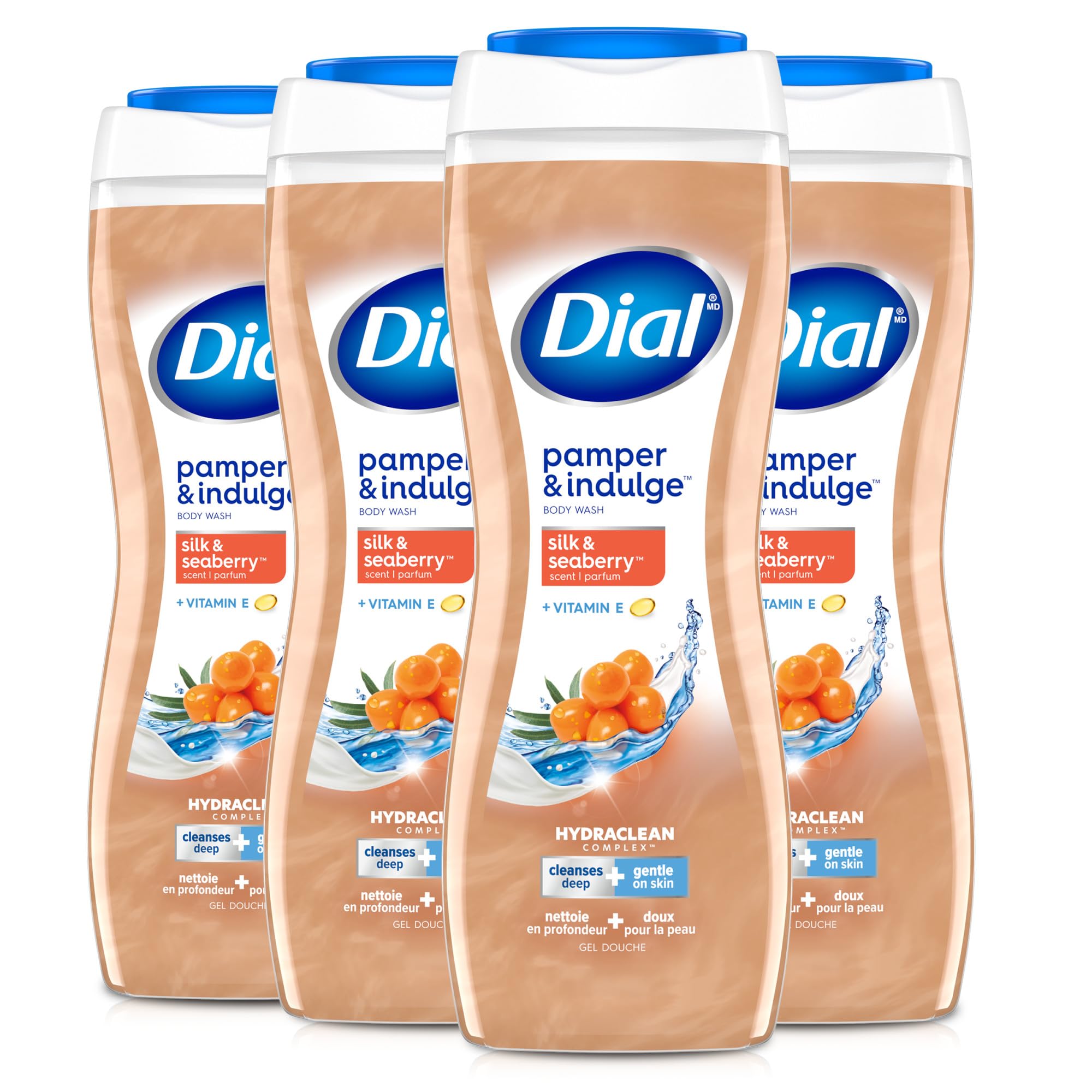 Dial Body Wash, Hydraclean Complex & Vitamin E, Gentle, Leaves Skin Feeling Nourished, Dermatologist-Tested, No Parabens & Sulfates, Pamper & Indulge, Silk & Seaberry, 16 fl Oz (Pack of 4)