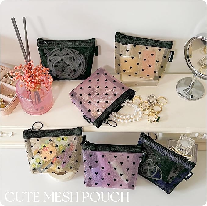 TRAKWAN Mini Mesh Heart Makeup Bag Set, Mesh Cosmetic Bags with Zipper, Makeup Lipstick Cosmetic Accessories Organizer Bag, Mesh Pouch for Travel (Multicolor-6pcs)