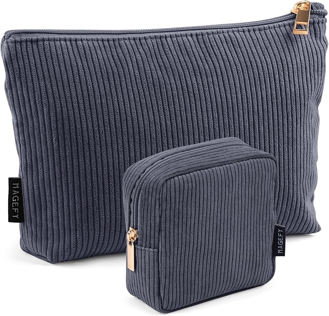 MAGEFY Small Makeup Bag, 2 Pcs Corduroy Makeup Bag for Purse Make Up Organizer Bag Mini Pouch with Slip-in Pockets Aesthetic Preppy Stuff - Black