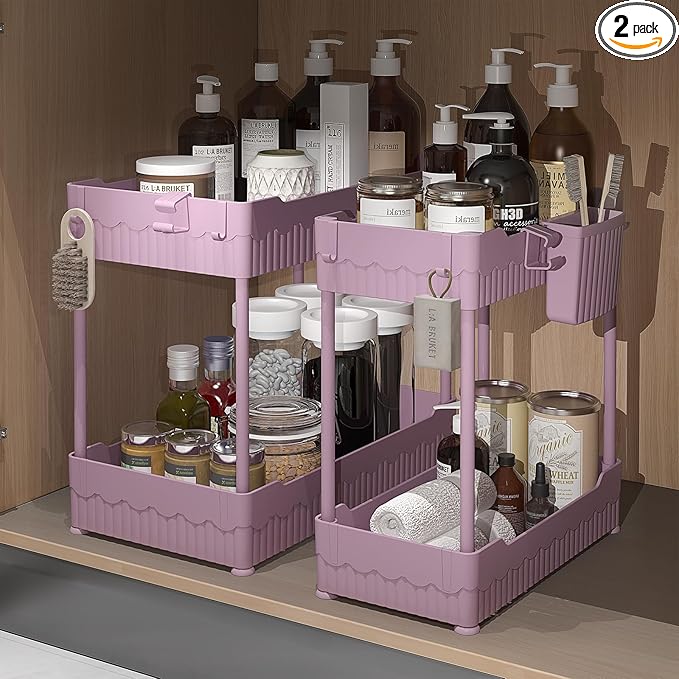 2 Pack Under Sink Organizer, Under Bathroom Cabinet Organizer with Hooks Hanging Cup, Multi-Purpose Storage Shelf for Kitchen Bathroom (Pink, 14.8 Inch)