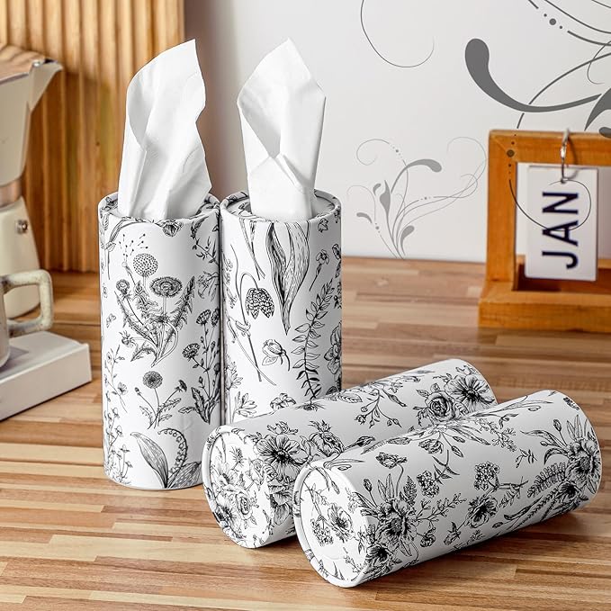 Zonon 4 Pcs Vintage Floral Car Tissue Cylinder with 240 Sheets 3 Ply Facial Tissue Bulk Black and White Round Tissues Holder Box Travel Tubes for Car Cup Holder Round Container