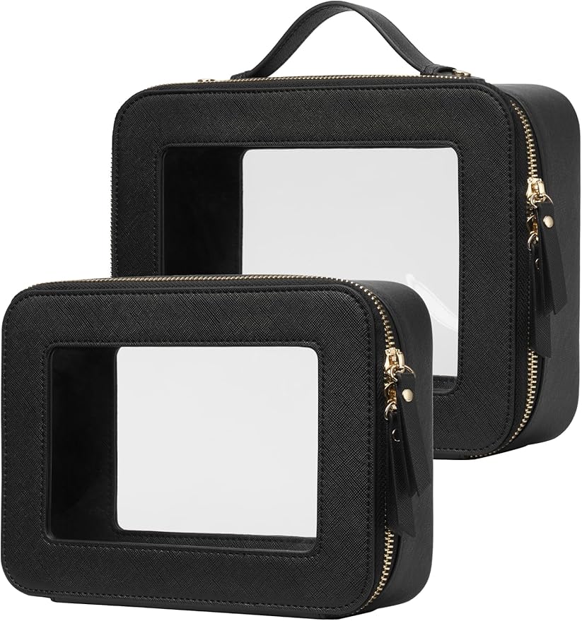 Popvibe Clear Makeup Case Set Black Toiletry Bag Travel Large Clear Cosmetic Bag with Zipper, Big Make Up Bag Organizer Women Traveling TSA Approved Transparent Bag Car for Essentials