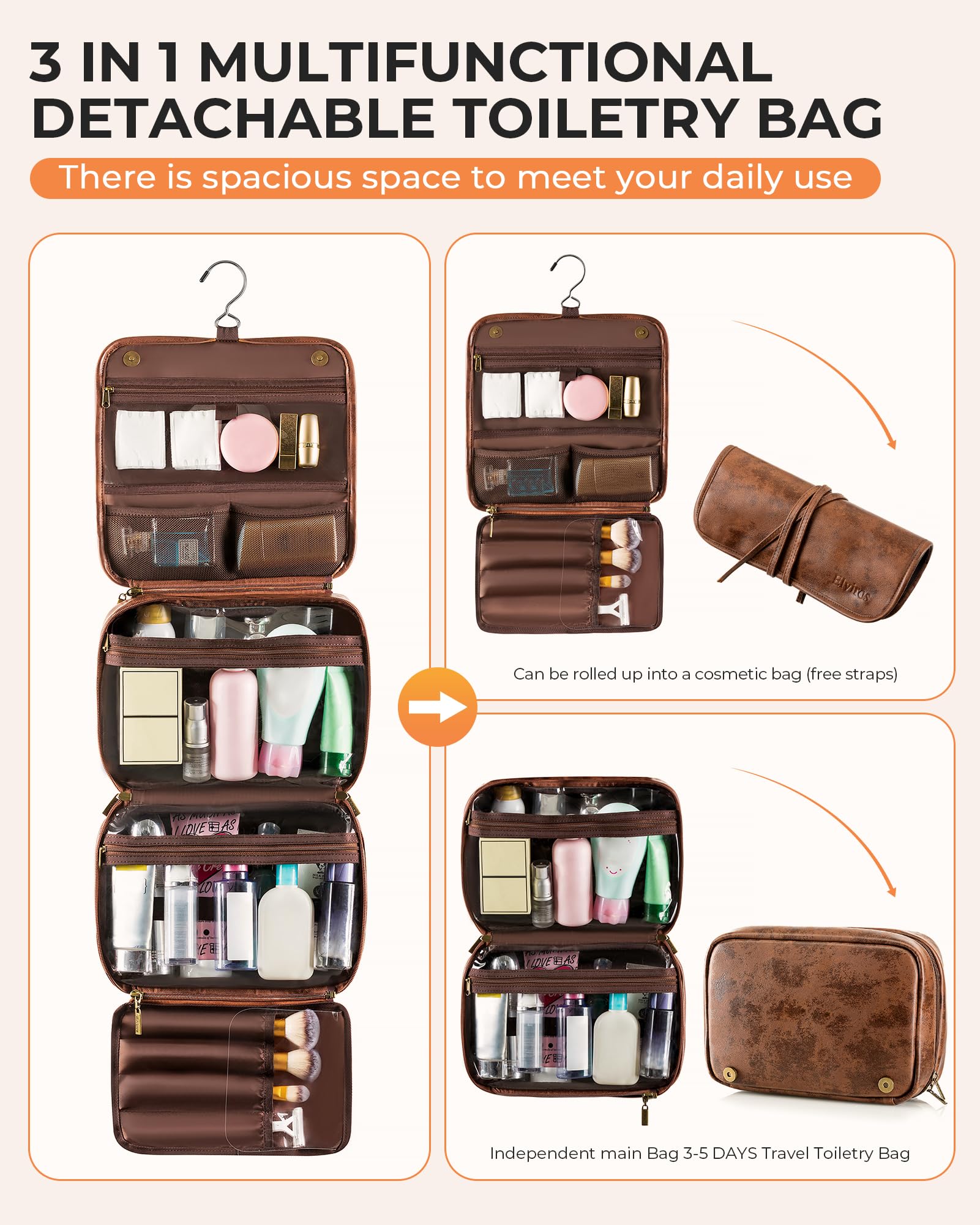 Elviros Hanging Travel Toiletry Bag Gift for Men，Mens Toiletries Bag Gifts Set Shaving Dopp Kit Water-resistant Bathroom Toiletries Organizer PU Leather Cosmetic Bags 2 Pack