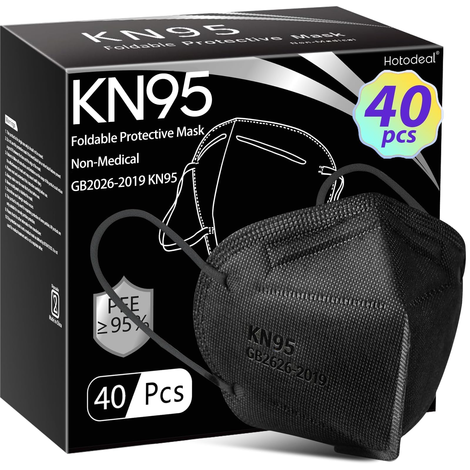 Hotodeal KN95 Face Masks 40 Pcs, Black Kn95 Masks for Adults, 5 Layers Cup Dust Mask for Men, Women, Healthcare/Essential Workers