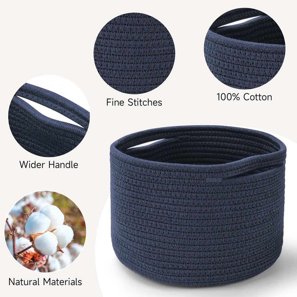 Maxuni 3 Pack Small Rope Storage Baskets, 9.82×9.82×7.1", Navy Blue