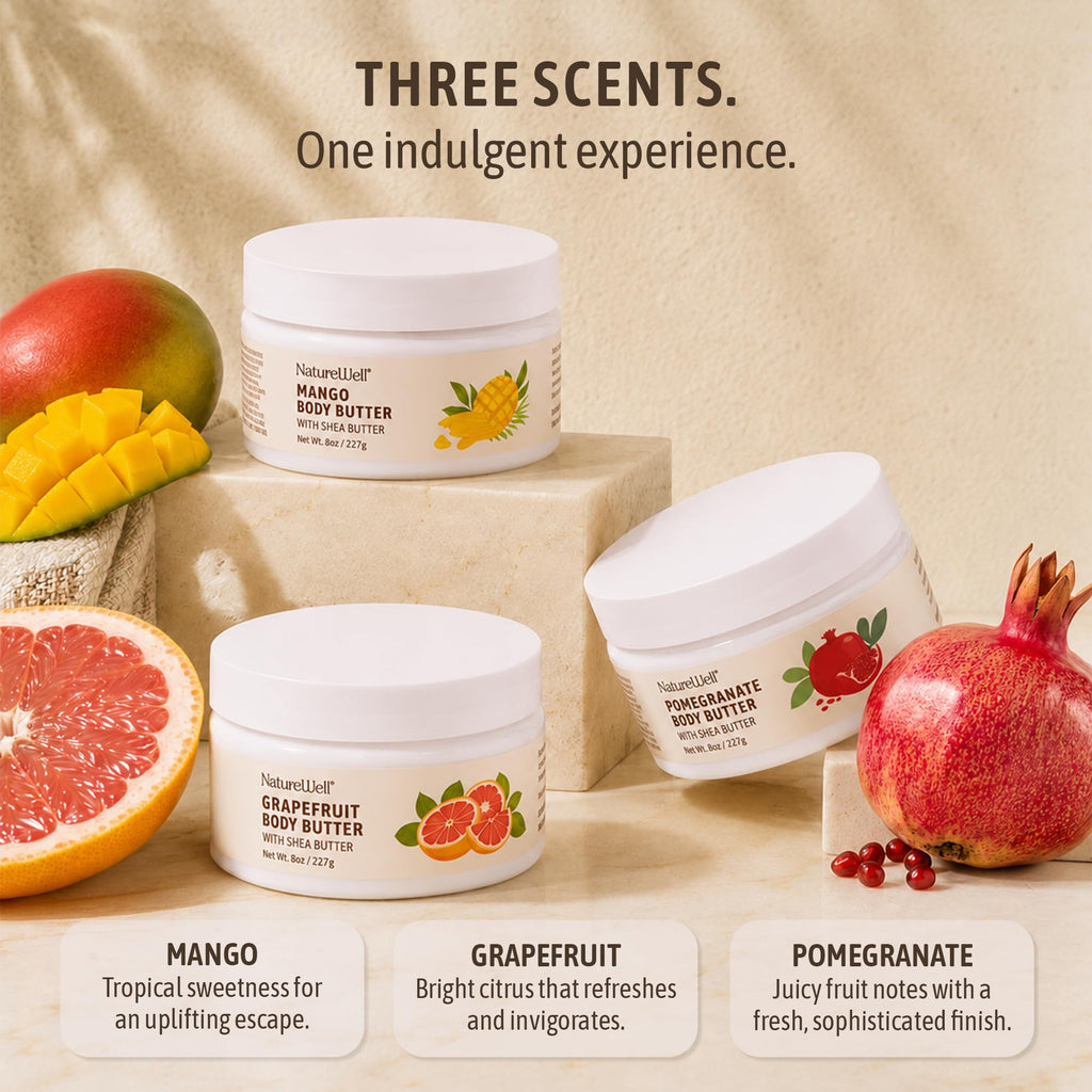 NATURE WELL Shea Body Butter Variety Pack, Includes Grapefruit, Mango, & Pomegranate, Provides Ultimate Nourishment & Hydration, 3 Pack (8 Oz Ea)