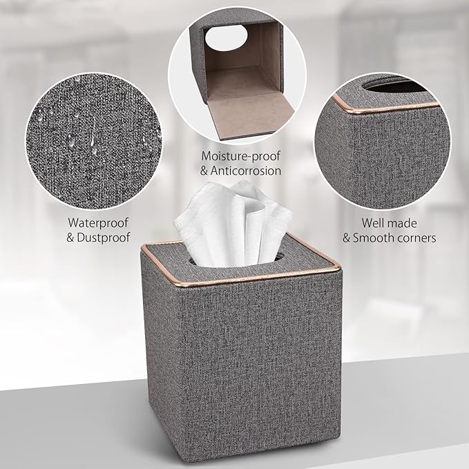 Tissue Box Cover, PU Leather Tissue Box Holder Square Box Covers for Home/Office/Car Decoration 5.3"X5.3"X5.8" - Grey