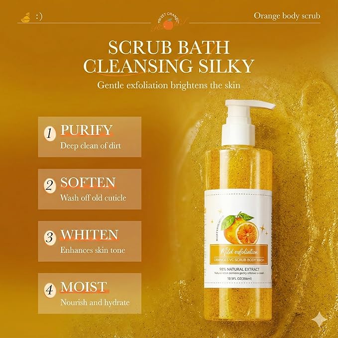 Wayfengli Orange Exfoliating Body Wash - [300ml] Vitamin C Brightening Shower Gel with Natural Scrub - Citrus Scented Mild Body Scrub for Glowing Skin & Roughness - Refreshing Daily Cleanser