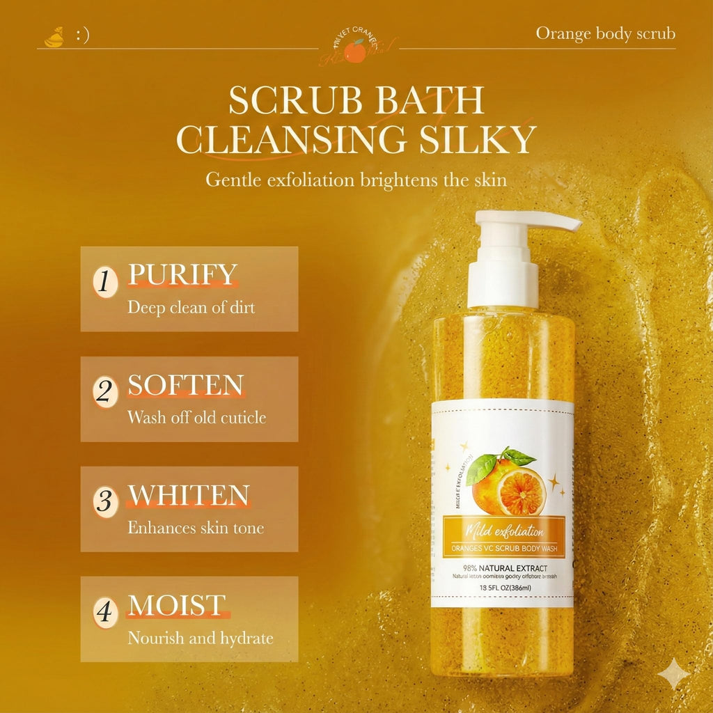Wayfengli Orange Exfoliating Body Wash - [300ml] Vitamin C Brightening Shower Gel with Natural Scrub - Citrus Scented Mild Body Scrub for Glowing Skin & Roughness - Refreshing Daily Cleanser