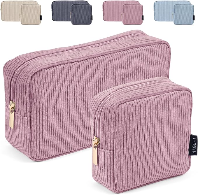 MAGEFY Makeup Bag for Purse, 2 Pcs Corduroy Cosmetic Bag for Women Small Travel Makeup Pouch with Zipper(Pink)