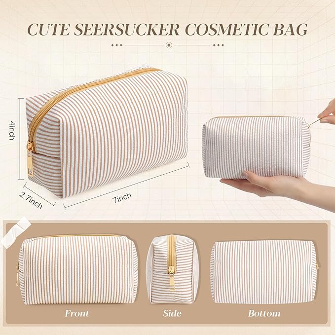 Sanwuta 6 Pcs Seersucker Cosmetic Bags Bulk Seersucker Makeup Bags Stripe Women Pouch Large Preppy Storage Pouch Toiletry Travel for Wedding Bridesmaid Bride Favor Back to Teacher Gift (Khaki)