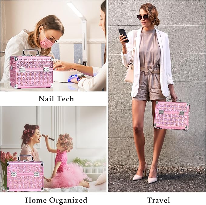 GALHUBIS Makeup Case Organizer,Makeup Train Case, Trays Cosmetic Box Portable, Profesional for Salon Barber,Pink