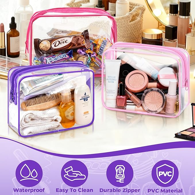 CHICAUP 6 Pieces Clear Makeup Bags Bulk TSA Approved Toiletry Bag for Travel PVC Waterproof Clear Cosmetic Pouch with Zipper for Men and Women Carry-on Travel Essentials (Purple)