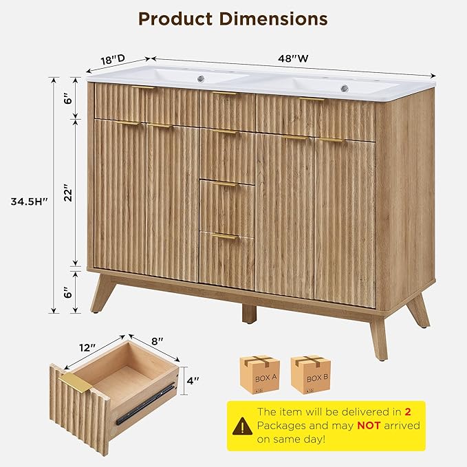 T4TREAM 48" Fluted Bathroom Vanity with Resin Sink Combo，Freestanding Modern Bathroom Storage Vanity Cabinet with Soft Closing Doors & 2 Drawers，Wood Grain Texture，Metal Handle，Natural Oak