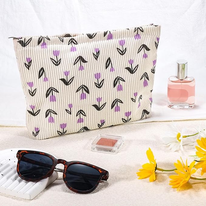 URSKYTOUS Flower Makeup Bag Travel Large Cosmetic Bag for Women Cute Makeup Pouch Zipper Cosmetic Pouch for Purse Corduroy Aesthetic Purple Floral Skincare Organizer Bag Portable Toiletry Bag