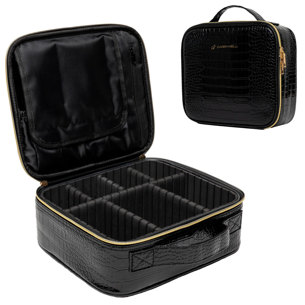Carrywell Makeup Bag Travel Case, Not-Made In China, Hard Train Case for Cosmetics, Portable Beauty Artists Organizer, Storage Box With Adjustable Dividers For Make Up and Brushes, Small Crocodile