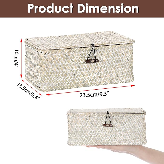Sumnacon Wicker Basket with Lid Rectangle Woven Baskets for Toiletries Tampon Storage,Wicker Storage Basket with Lid,Decorative Seagrass Storage Baskets for Shelf Bathroom Toilet Table,Whitewash