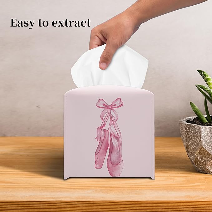 Grace Yonks Cute Pink Ballet Shoes Tissue Box Cover Square, Cube Case for Facial Tissues, 5.2" PU Leather(074)