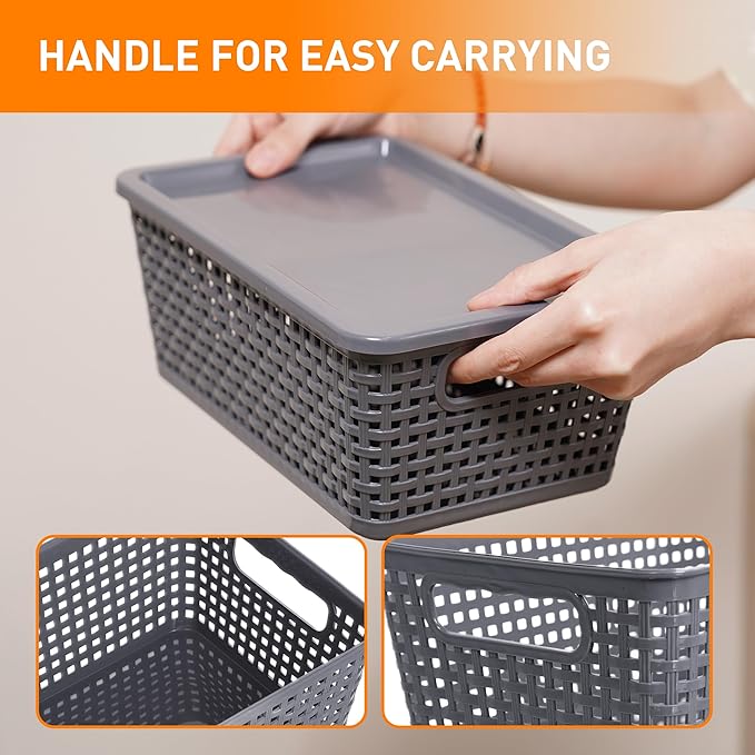 Anywish Plastic Storage Baskets With Lid, Storage Bins for Organizing, Stackable Decorative Containers for Shelves Drawers Desktop Closet Playroom Classroom Office,10 Pack-Grey