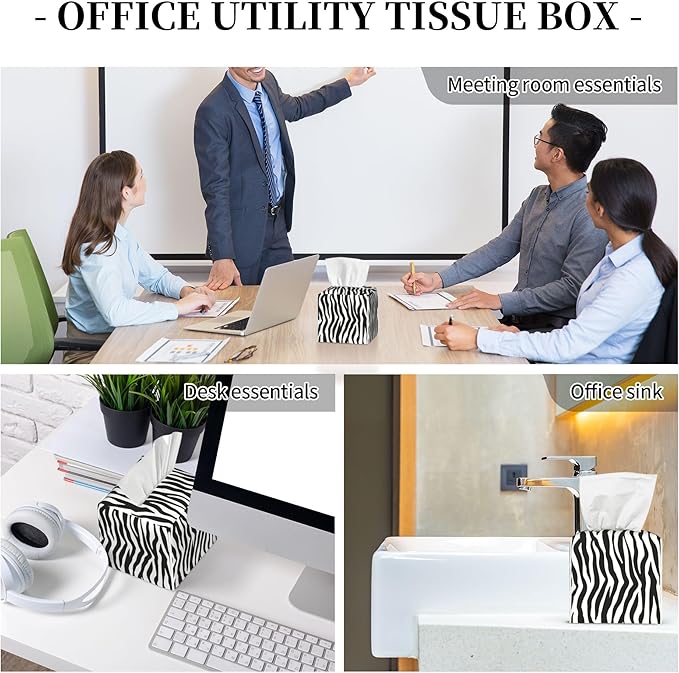 Zebra Stripes Tissue Box Cover Square,Black and White Stripe Tissue Box Holder Waterproof Leather Facial Paper Organizer Dispenser for Bathroom Home Car Nightstand Vanity Desk