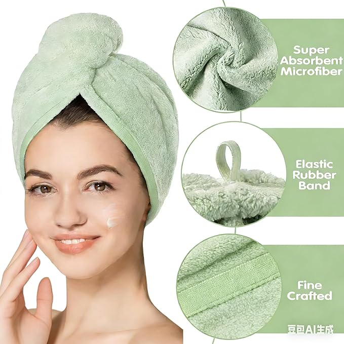 3 Pack Microfiber Hair Towel Wrap for Women, Fast Drying Hair Turban with Button, Anti-Frizz Large Hair Towel for All Hair Styles, Soft & Absorbent Hair Drying Towel