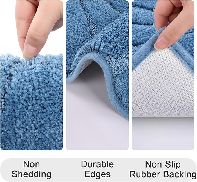 HEBE Bathroom Rugs Sets 5 Piece, Soft Absorbent Microfiber Bath Mat for Bathroom, Non Slip Washable Bath Rug Set with Toilet Cover, Bath Runner and U-Shaped Contour Toilet Rug, Blue