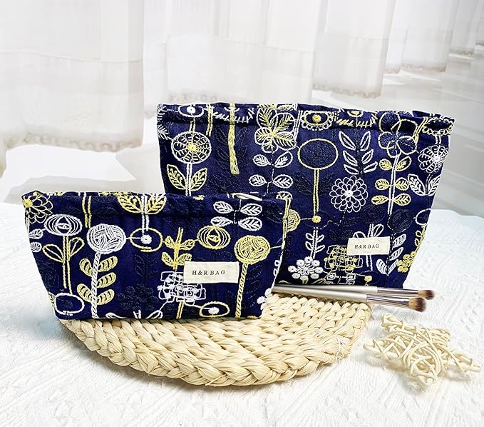 getgto 2 Pcs Makeup Bags, Large Cosmetic Bag Travel Toiletry Bag Organizer for Women, Embroidery Craft, Floral Makeup Bag Small Cosmetic Pouch Purse with Zipper, Gifts for Girls Teen (Blue-tree)