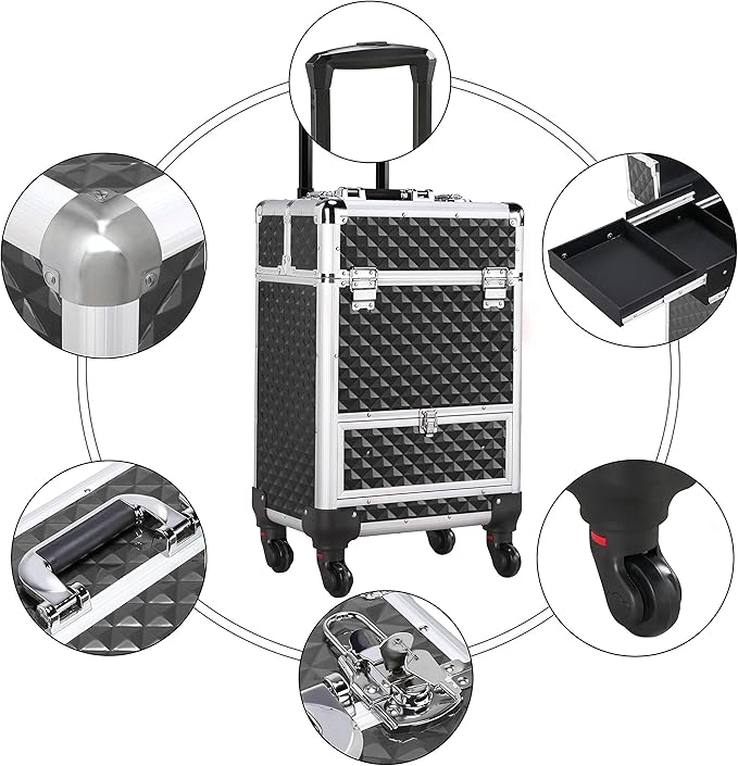 Yaheetech Rolling Makeup Train Case with a Drawer Nail Trolley Black/Silver