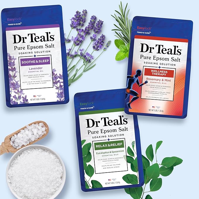 Dr Teal's Epsom Salt Magnesium Soak, Lavender, Eucalyptus & Wellness Trio, 3 lbs (Pack of 3)