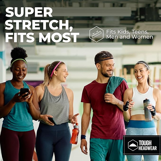 Tough Headwear Thin Elastic Headbands, Sports Headbands for Women & Men - Mens Workout Headband - Running or Soccer Headband - 6-Pack