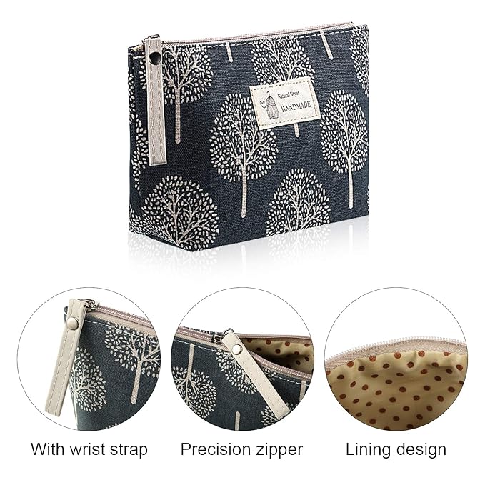 Boao 4 Pcs Canvas Cosmetic Pouches for Purse Makeup Bags Set Small with Zipper Cute Multi Functional Toiletry Travel Organizer for Back to School Women Gift, 4 Styles(Small,Whale, Bear, Tree, Leave)