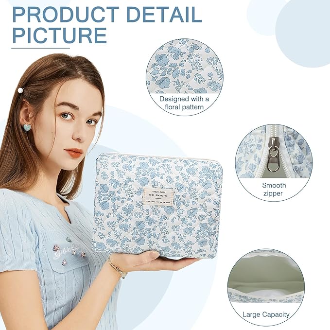 Gosect 2PC Makeup Bag Set, Cute Cosmetic Bag for Women Girls, Floral Coquette Aesthetic Toiletry Bag, Travel Make Up Organizer Bag (Brown Checked)