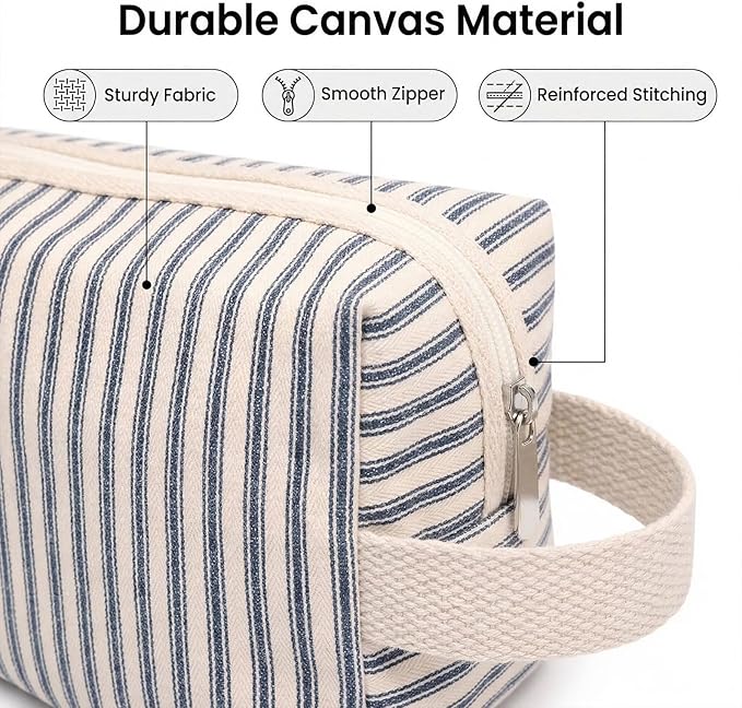 Beayuva 3 Pcs Canvas Makeup Bag Set Cosmetic Pouch for Women Travel Toiletry Bag Cute Makeup Organizer Purse Pouch Preppy Pencil Case with Zipper (Blue Pinstripes)