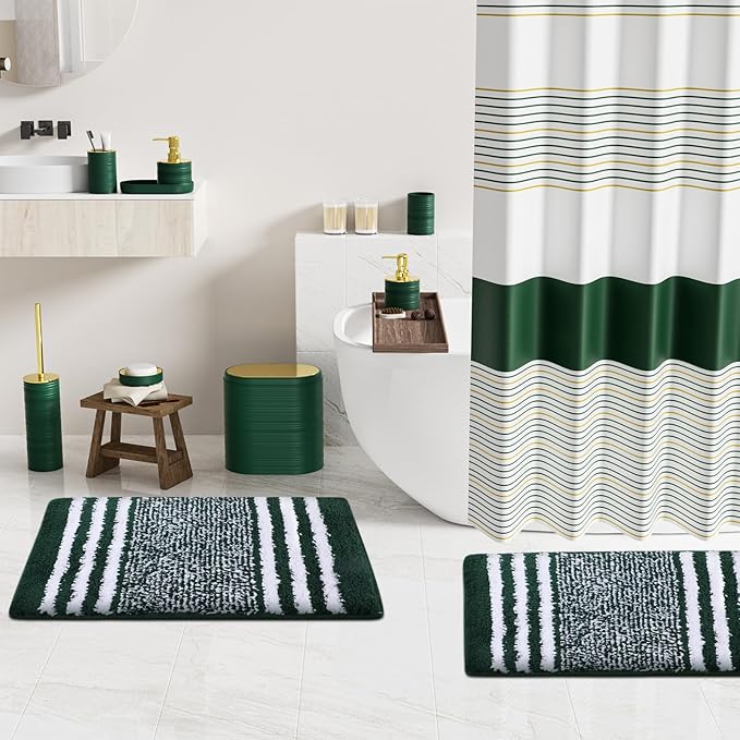InnJoey Bathroom Set - Bathroom Sets with Shower Curtain and Rugs, 25PC Bathroom Accessory Set, Green Bathroom Accessories Set with Trash Can, Soap Dispensers