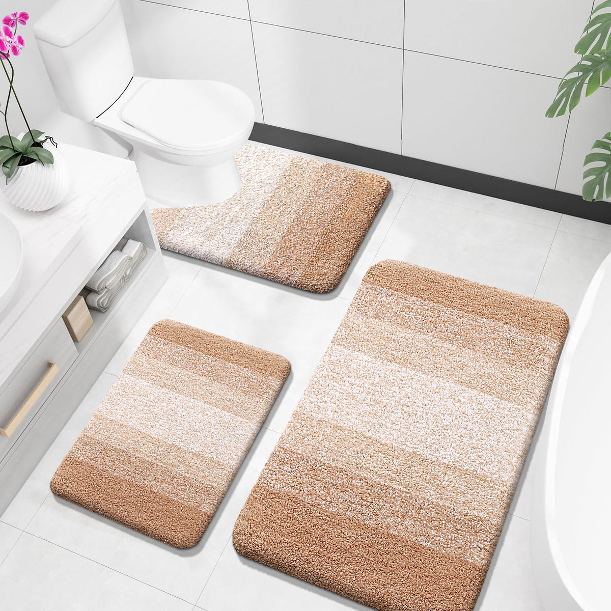 OLANLY Microfiber Bathroom Rugs Sets 3 Piece, Absorbent Bath Mats, Mauve