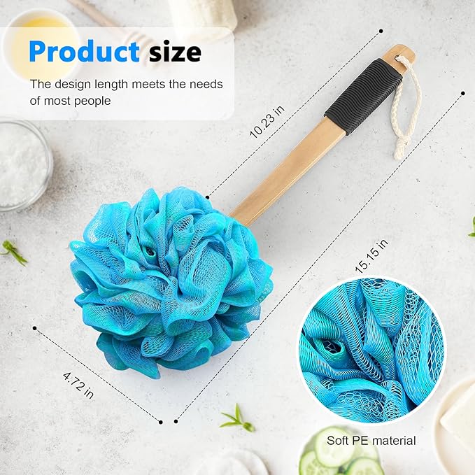 FORENEE Blue and Green Loofah on a Stick, PE Mesh Back Scrubber