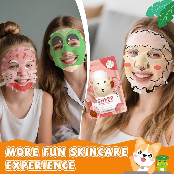 18 Pack Animal Face Mask for Kids, Bulk Sheet Face Masks Skincare for Girls, Collagen Hydrating Face Mask Spa Party Gifts for Teens, Easter Basket Stuffers, Birthday Gifts for Women