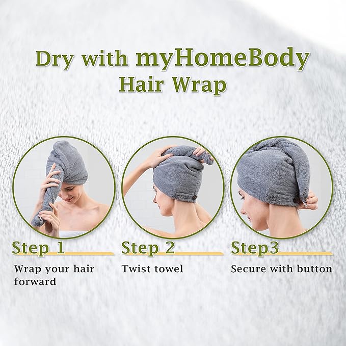 myHomeBody Hair Towel Wrap, Quick Drying Turban, Absorbent Cap – 3 Pack