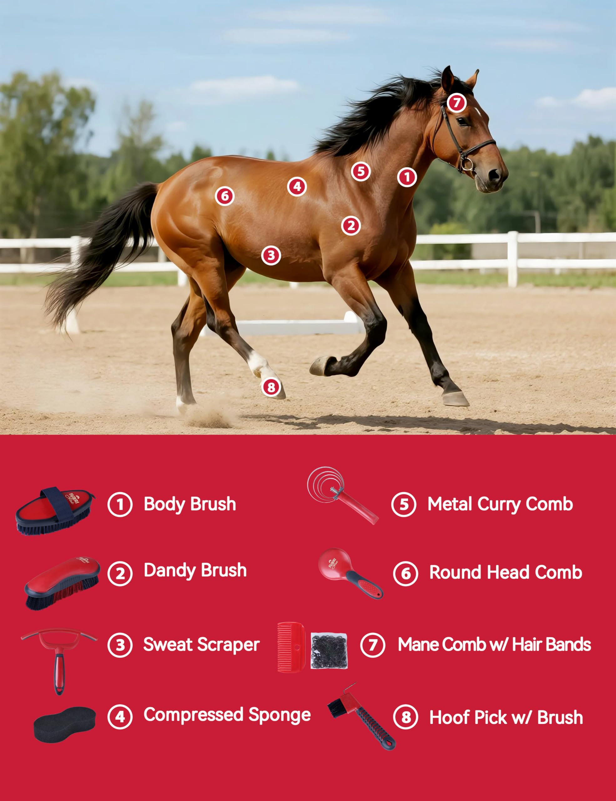Furrishine Horse Grooming Kit, 9 Piece Grooming Brush Set with Silicone Curry Comb for Bathing & Shedding Shadowberry